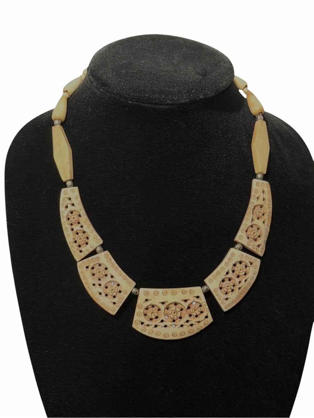 Vintage Carved Bovine Bone Tribal Statement Necklace